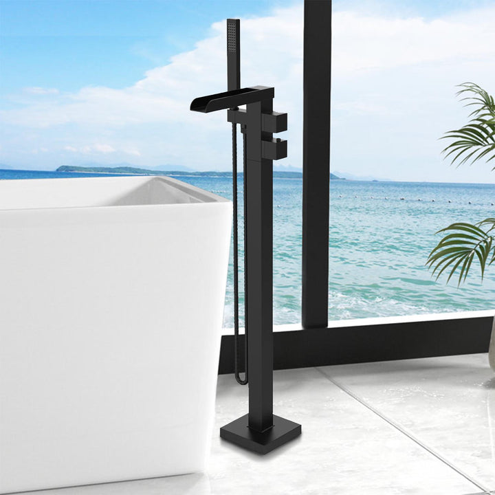 Waterfall Tub Filler Black Floor Mount Brass Bathroom Faucets with Hand Shower