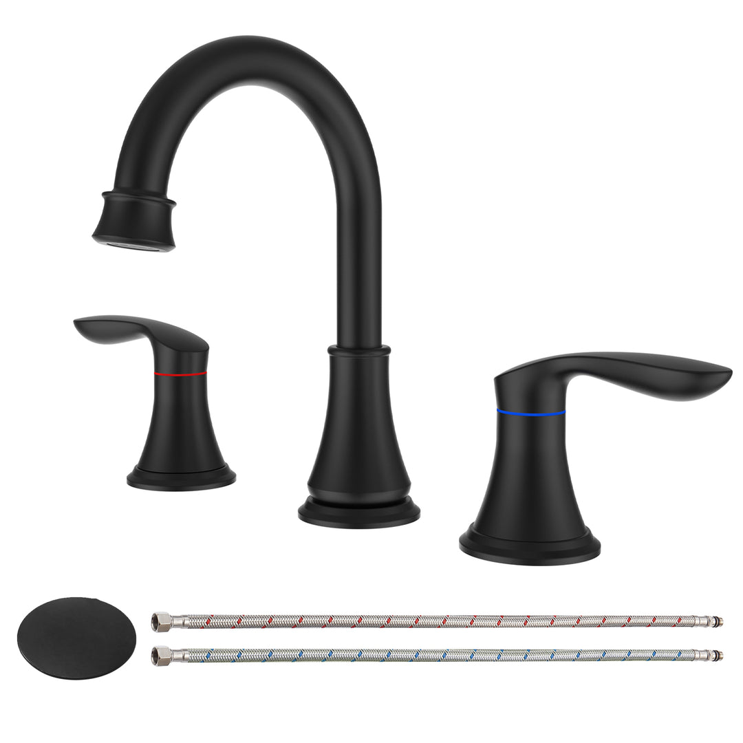 2-Handle 8 inch Widespread Bathroom Sink Faucet 3 Hole 360° Swivel Spout Vanity Sink Basin Faucets with Pop Up Drain Assembly