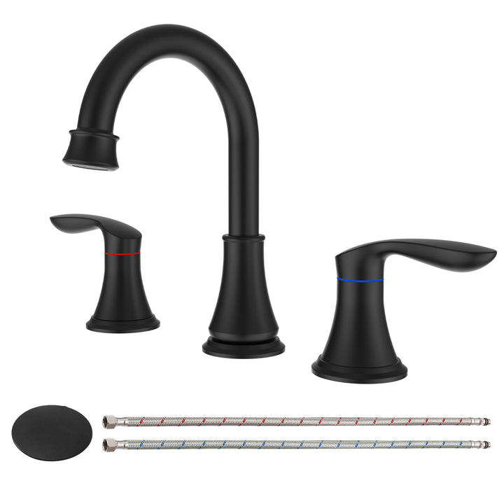 2-Handle 8 inch Widespread Bathroom Sink Faucet 3 Hole 360° Swivel Spout Vanity Sink Basin Faucets with Pop Up Drain Assembly