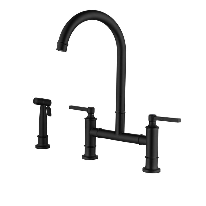Deck Mount Two Handle Kitchen Bridge Faucet with Side Spray 304 Stainless Steel