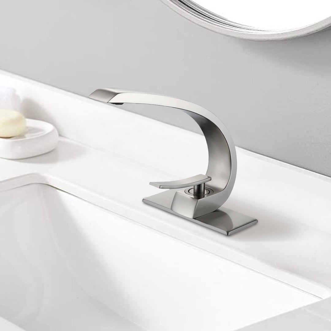 Attractive Single Handle Single Hole Bathroom Faucet with Deckplate Included and Spot Resistant in Brushed Nickel