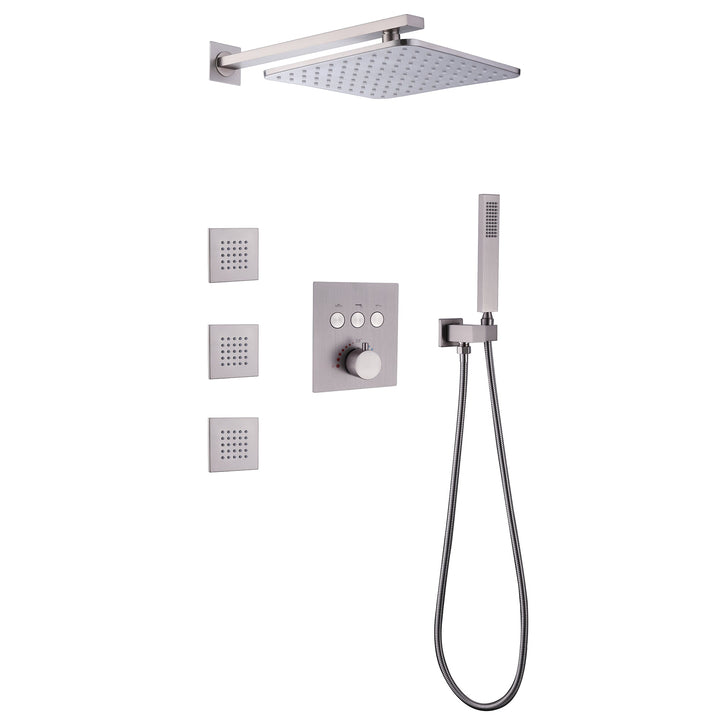 10 inch Thermostatic Rainfall Shower System With 3 PCS Body Jets Mixer Set