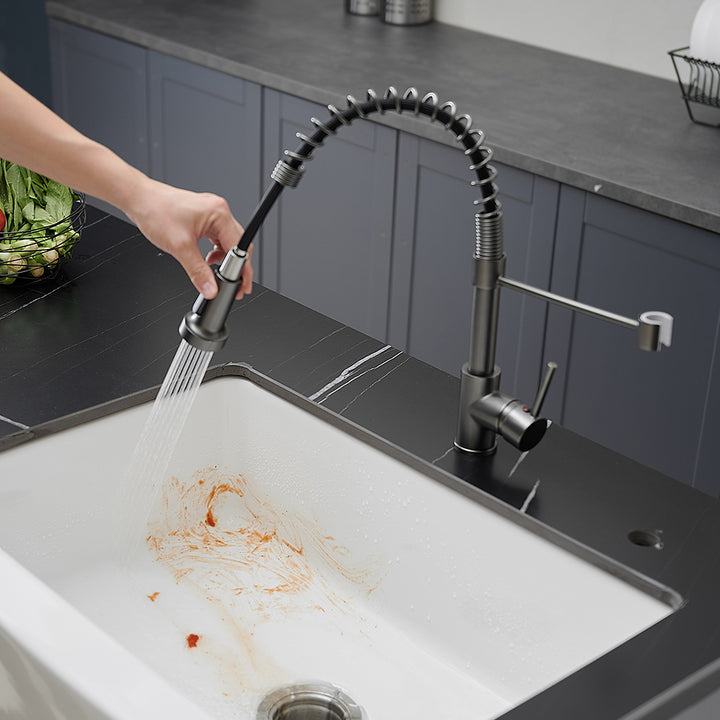 Single Handle Deck Mount Gooseneck Pull Down Sprayer Kitchen Faucet with Handles in Gun-Grey