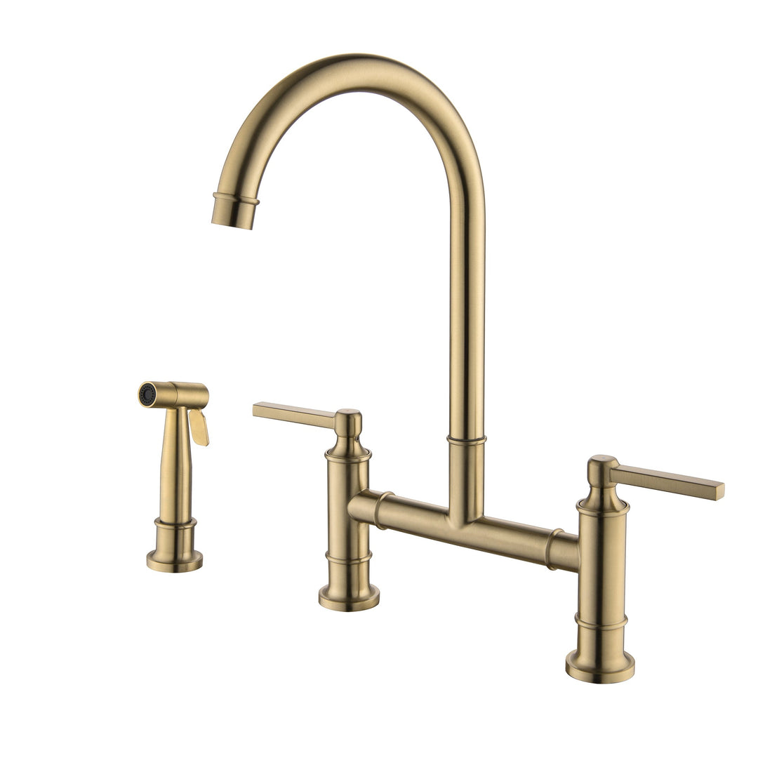Deck Mount Two Handle Kitchen Bridge Faucet with Side Spray 304 Stainless Steel