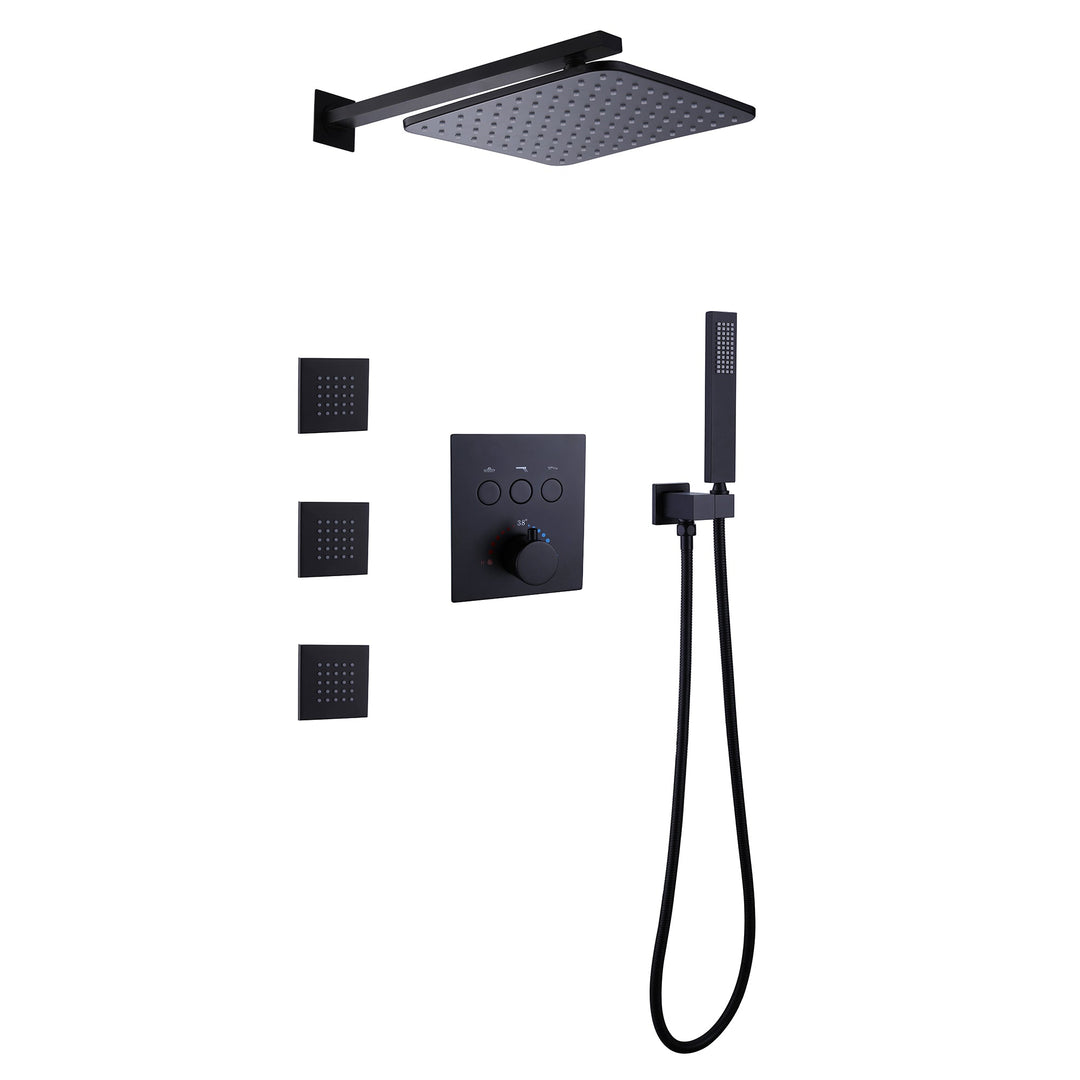 10 inch Thermostatic Rainfall Shower System With 3 PCS Body Jets Mixer Set