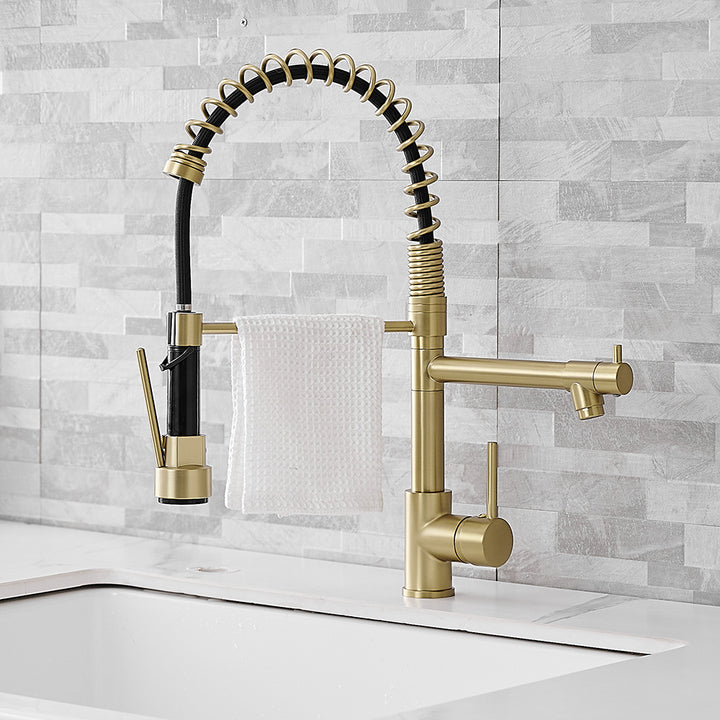 Touchless Deck Mount Gooseneck Pull Down Sprayer Brushed Gold Single Handle Kitchen Faucet