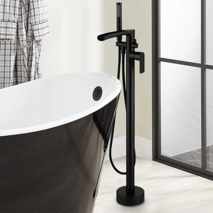 Modern Black Dual Function Freestanding Floor Mounting Waterfall Tub Faucet Filler