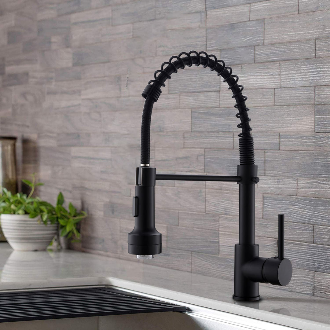 Single Handle Pull Down Sprayer Kitchen Faucet with 360° Rotation and LED Lights in Matte Black