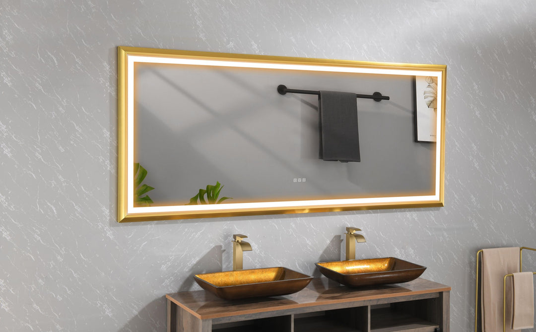 88 in. W x 38 in. H Oversized Rectangular Gold Framed LED Mirror Anti-Fog Dimmable