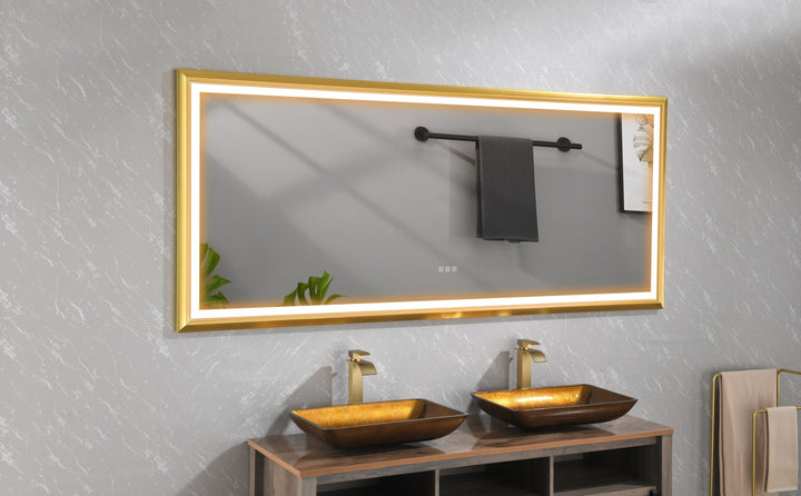88 in. W x 38 in. H Oversized Rectangular Gold Framed LED Mirror Anti-Fog Dimmable