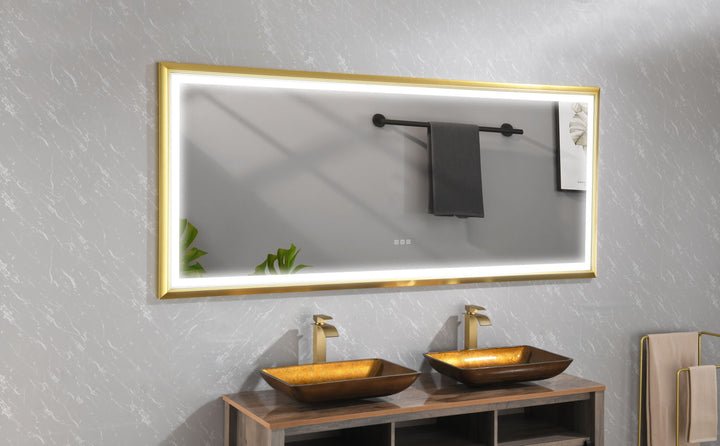 84 in. W x 34 in. H Oversized Rectangular Gold Framed LED Mirror Anti-Fog Dimmable