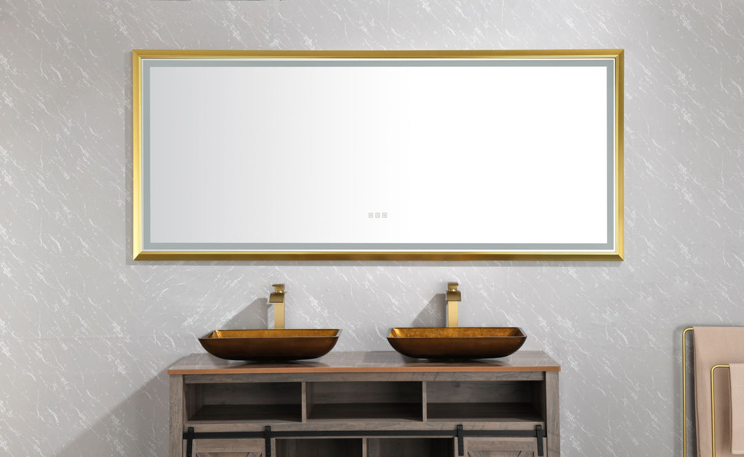 84 in. W x 34 in. H Oversized Rectangular Gold Framed LED Mirror Anti-Fog Dimmable