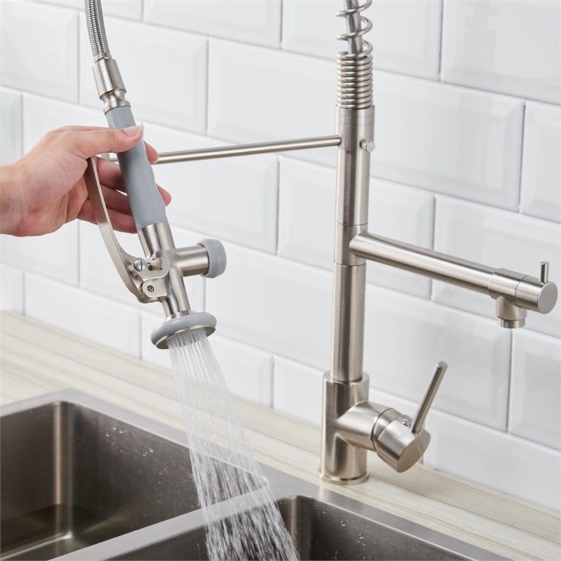 Double-Handle Deck Mounted Pull-Down Sprayer Kitchen Faucet In Silver