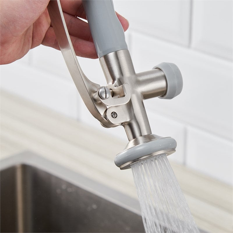 Double-Handle Deck Mounted Pull-Down Sprayer Kitchen Faucet In Silver