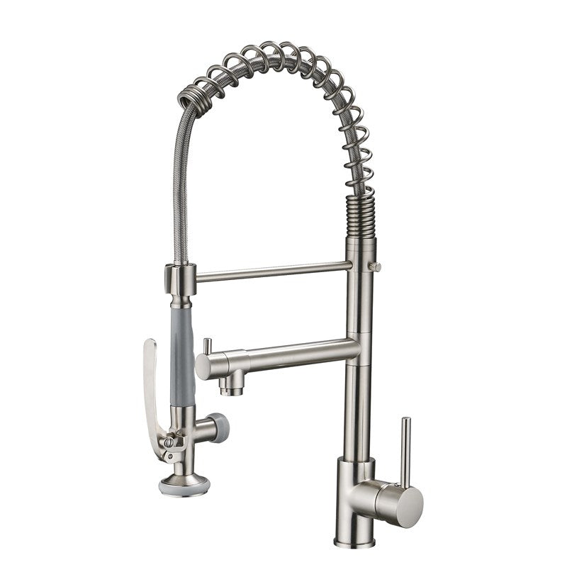 Double-Handle Deck Mounted Pull-Down Sprayer Kitchen Faucet In Silver