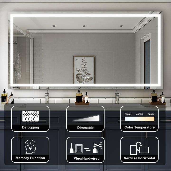 84 in. W x 42 in. H Rectangular Frameless Anti-Fog LED Light Bathroom Vanity Mirror in Aluminum