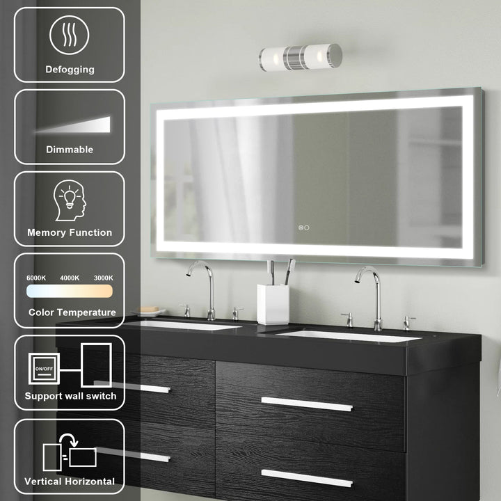 60 in. W x 28 in. H Frameless Rectangular LED Light Bathroom Vanity Mirror without Plug