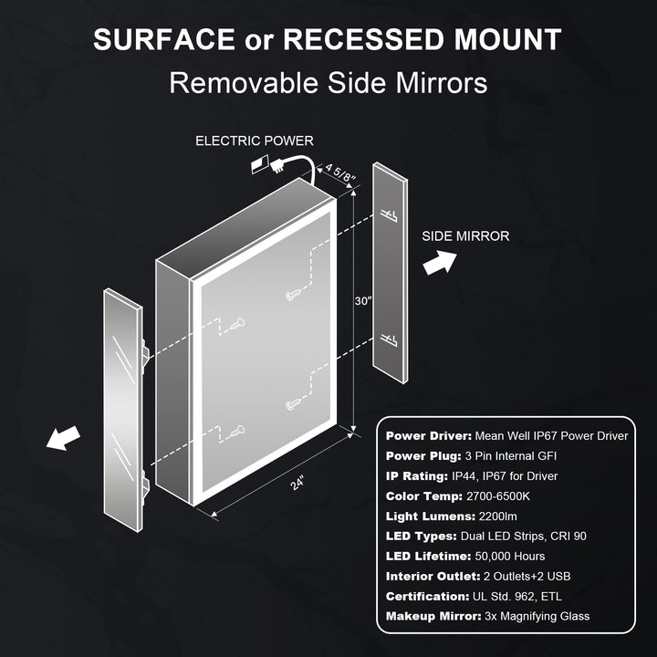 24 in. x 30 in. Rectangular Recessed/Surface Mount Left Medicine Cabinet with Mirror and LED Light