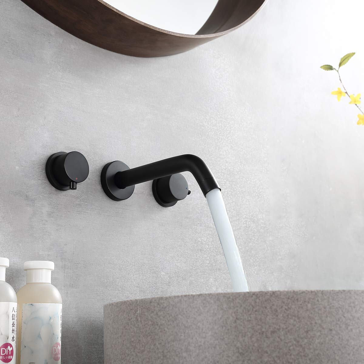 Wall Mounted Two Handles Three-Hole Bathroom Sink Faucet