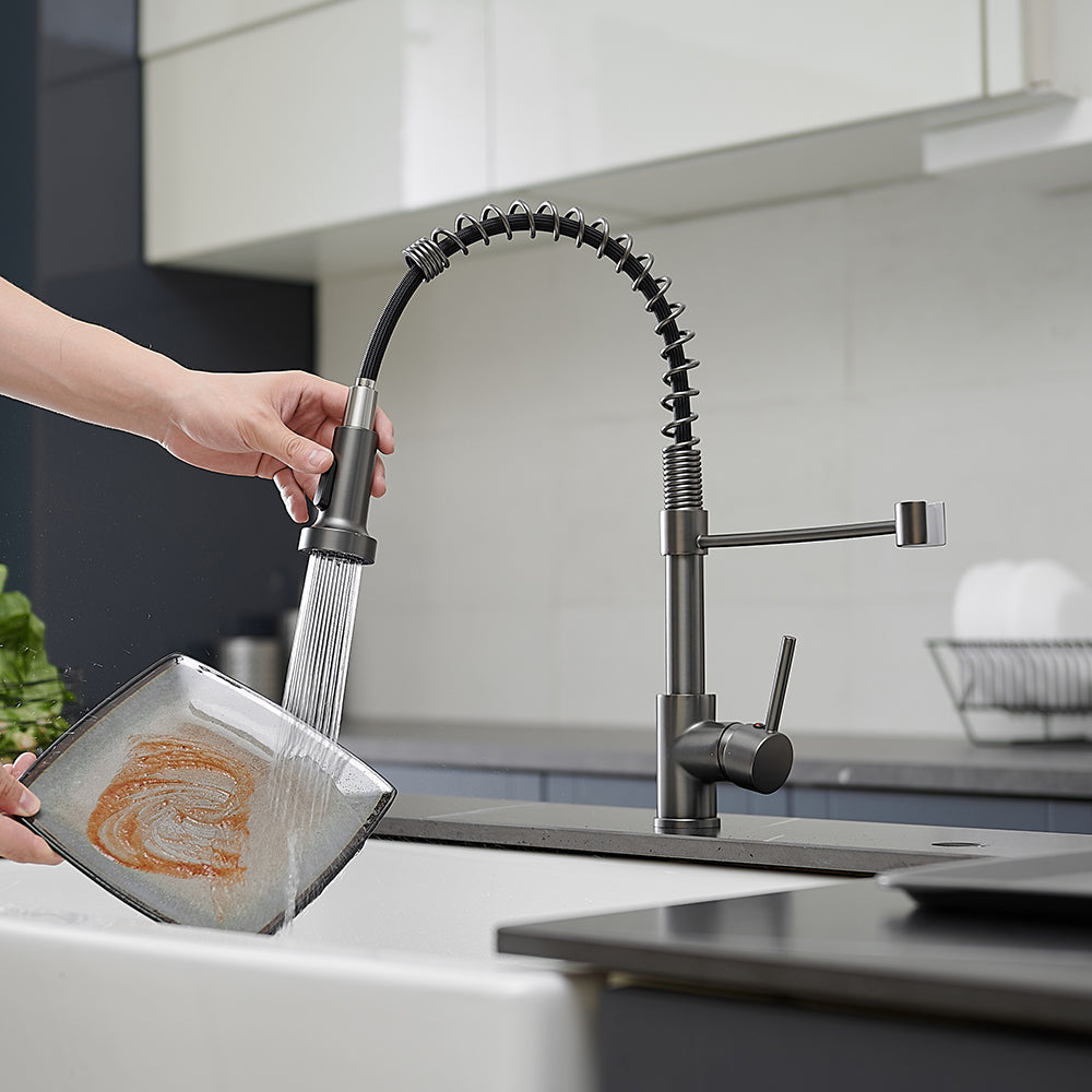 Single Handle Deck Mount Gooseneck Pull Down Sprayer Kitchen Faucet with Handles in Gun-Grey