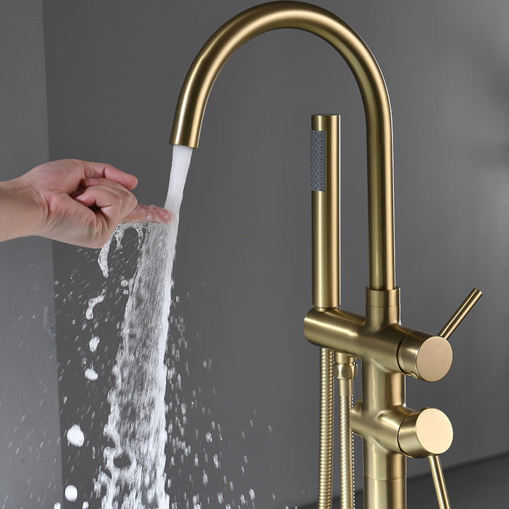 Brushed Gold 2-Handle Freestanding Tub Faucet with Hand Shower