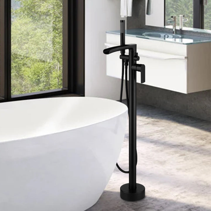 Modern Black Dual Function Freestanding Floor Mounting Waterfall Tub Faucet Filler