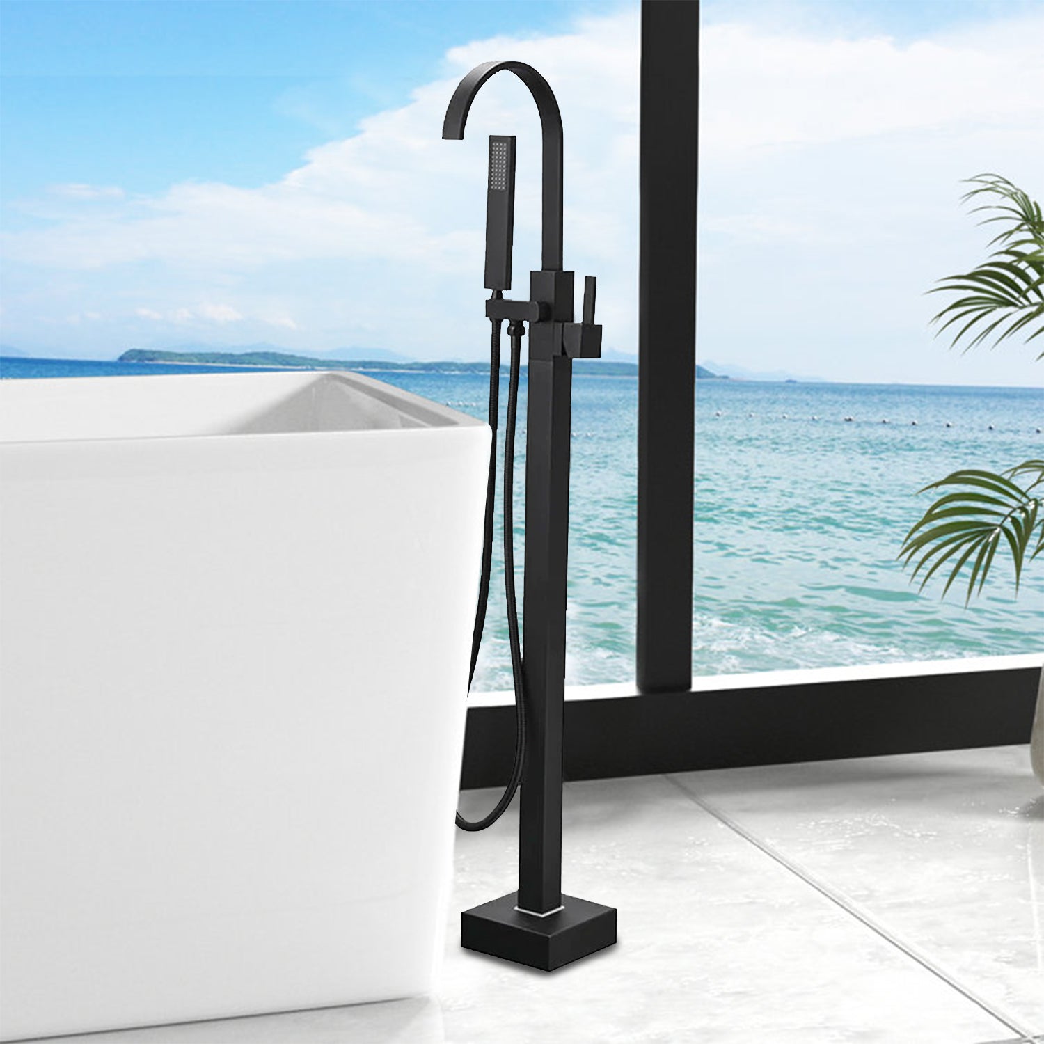 Free Standing Tub Faucet Floor Bathroom Shower in Matte Black