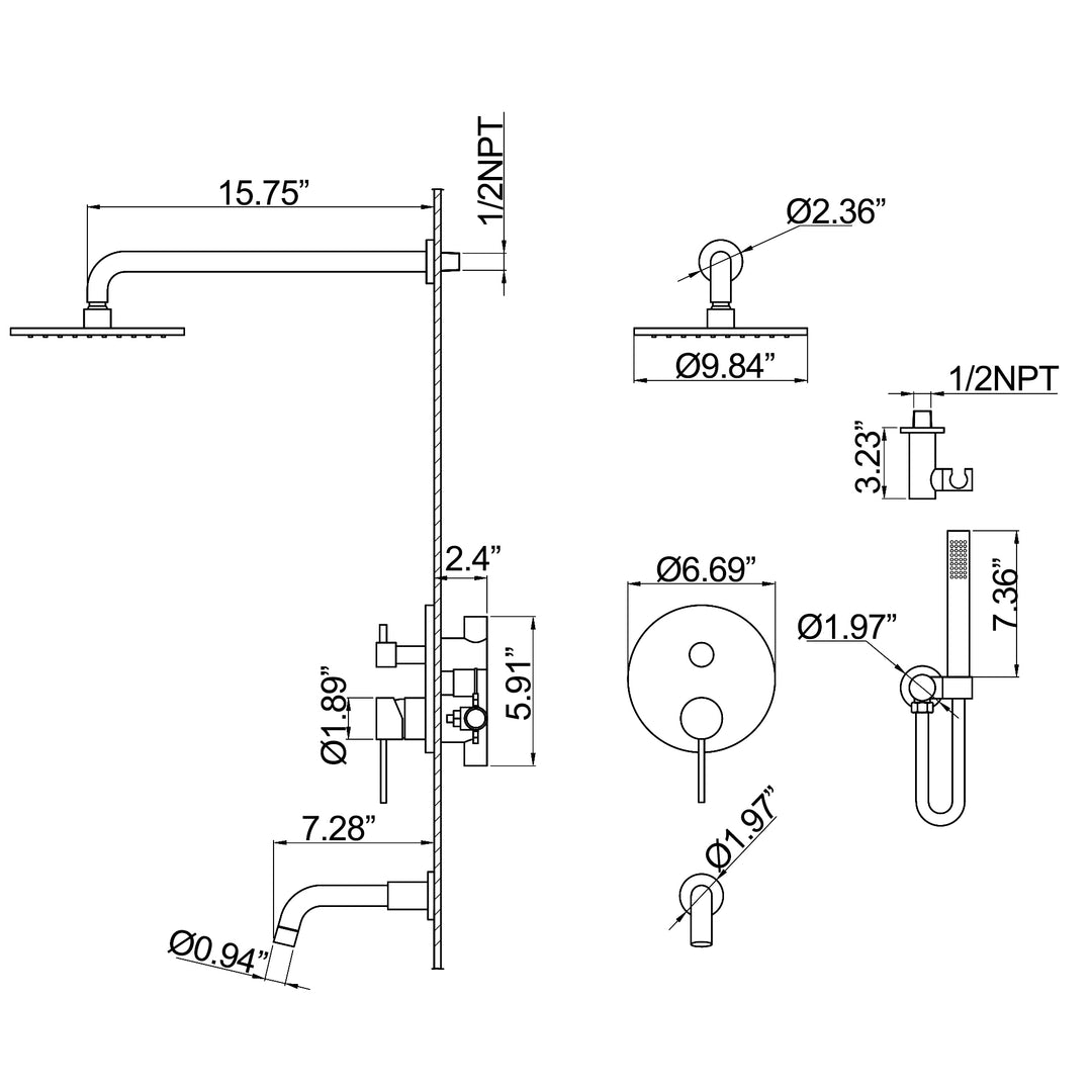 10 inch Tub Shower Faucet Set Complete Rain Shower System with Tub Spout