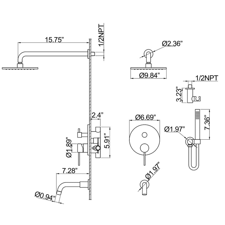 10 inch Tub Shower Faucet Set Complete Rain Shower System with Tub Spout