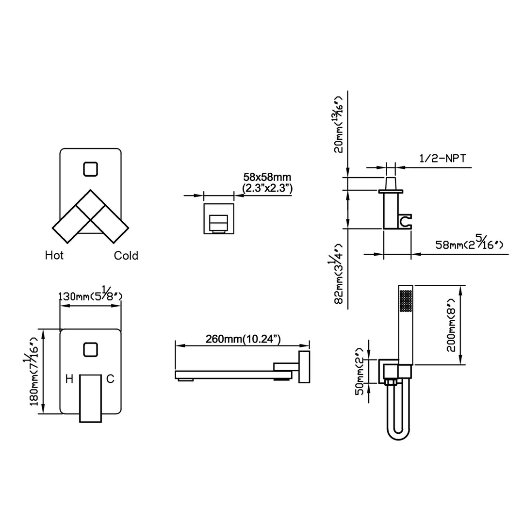 Wall Mounted Tub Filler With Tub Spout and Hand Shower