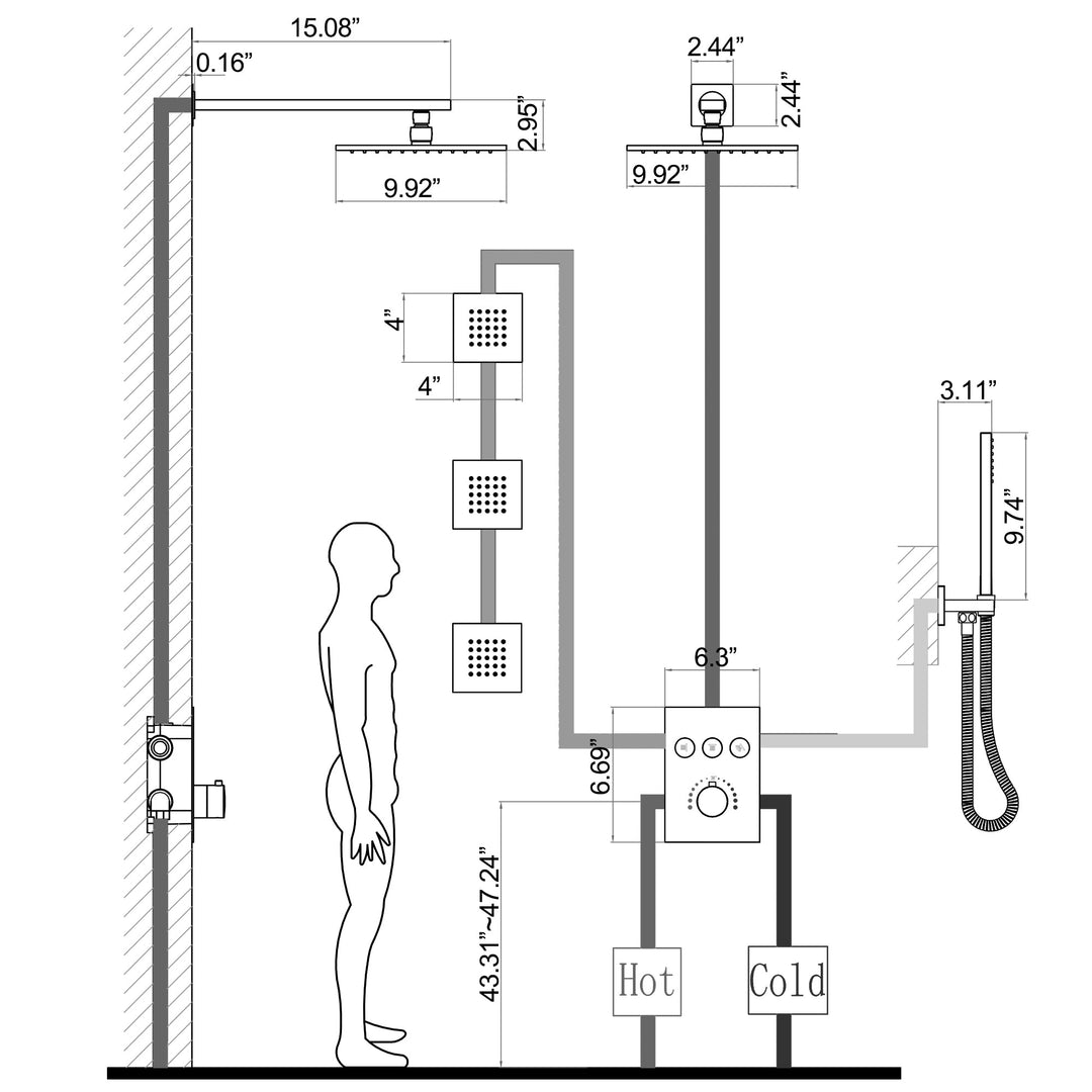 10 inch Thermostatic Rainfall Shower System With 3 PCS Body Jets Mixer Set