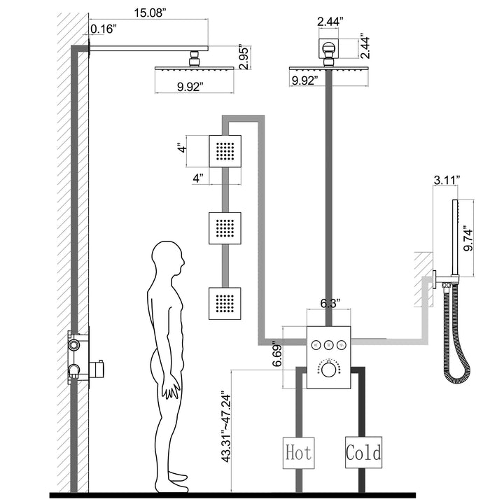 10 inch Thermostatic Rainfall Shower System With 3 PCS Body Jets Mixer Set