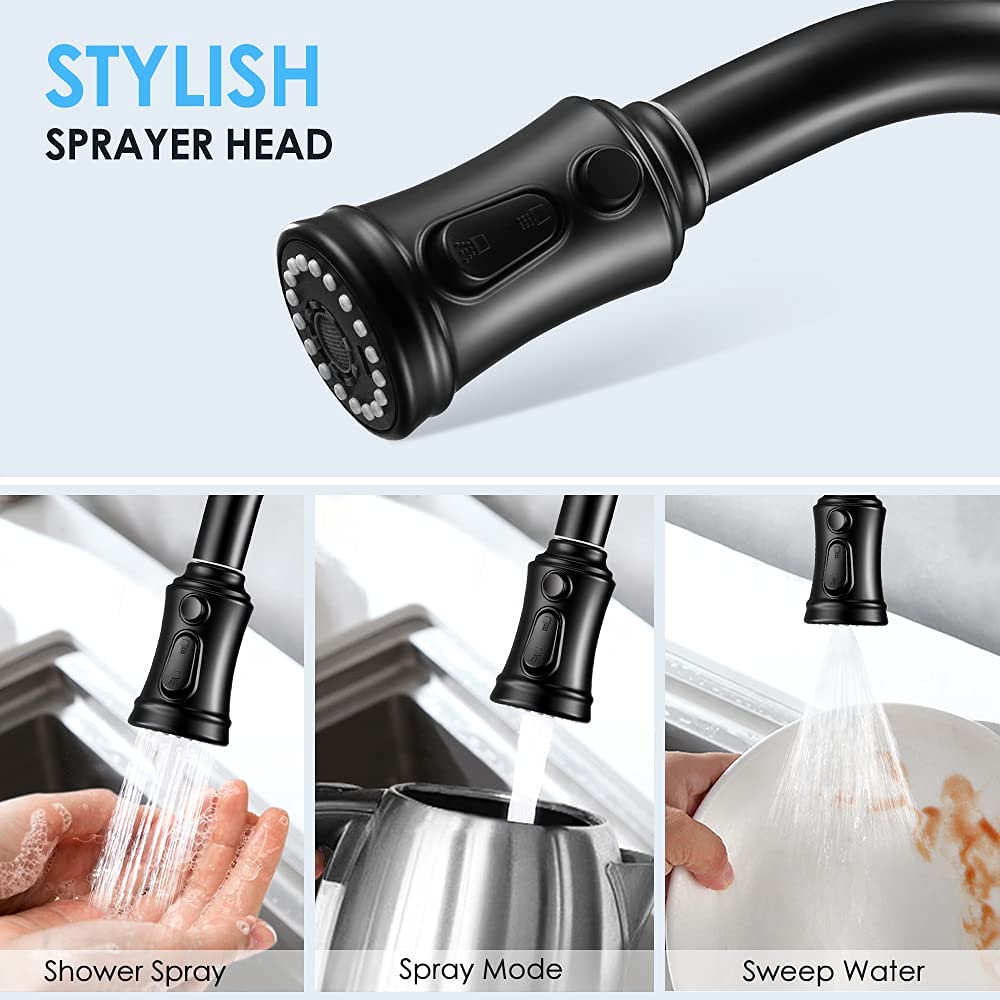 3 Modes Pull Down Sprayer Kitchen Tap Faucet Head, Single Handle&Deck Plate Stainless Steel No Lead