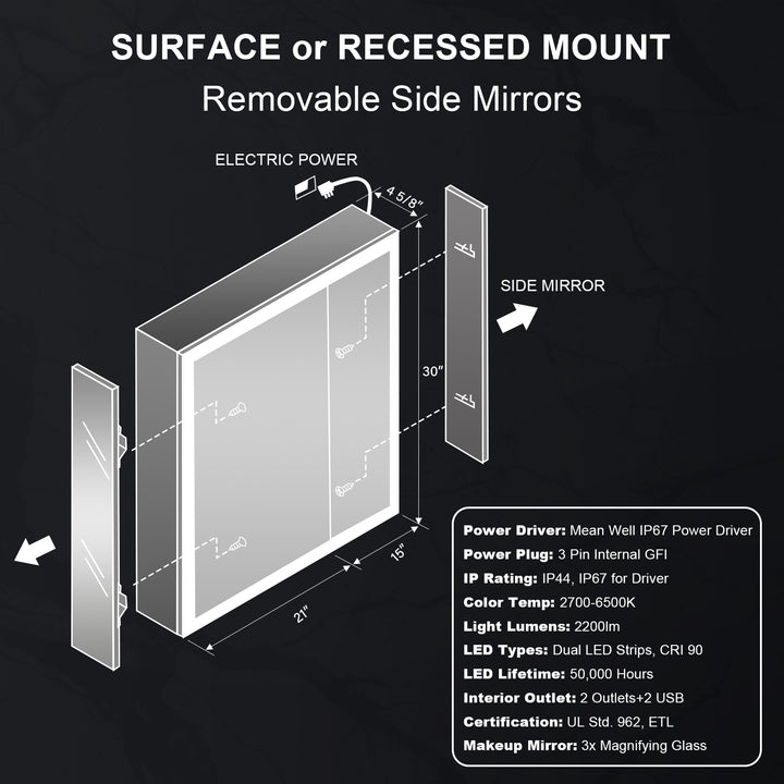 36 in. x 30 in. Rectangular Recessed/Surface Mount Medicine Cabinet with Mirror and LED Light