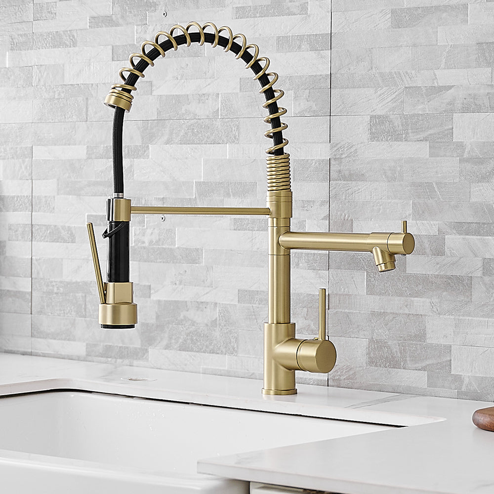 Touchless Deck Mount Gooseneck Pull Down Sprayer Brushed Gold Single Handle Kitchen Faucet