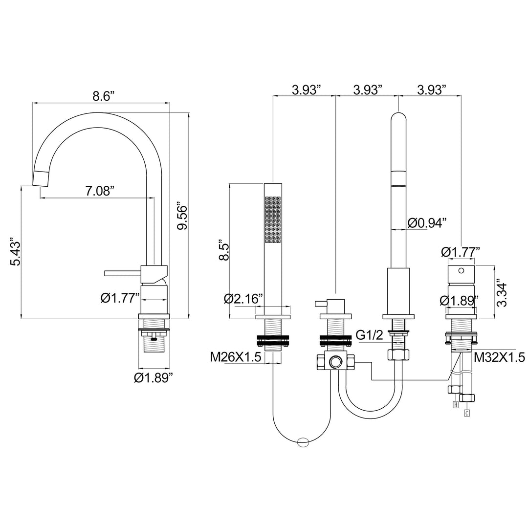 Deck Mounted 4 Hole Bathtub Filler Faucet With Double Handle