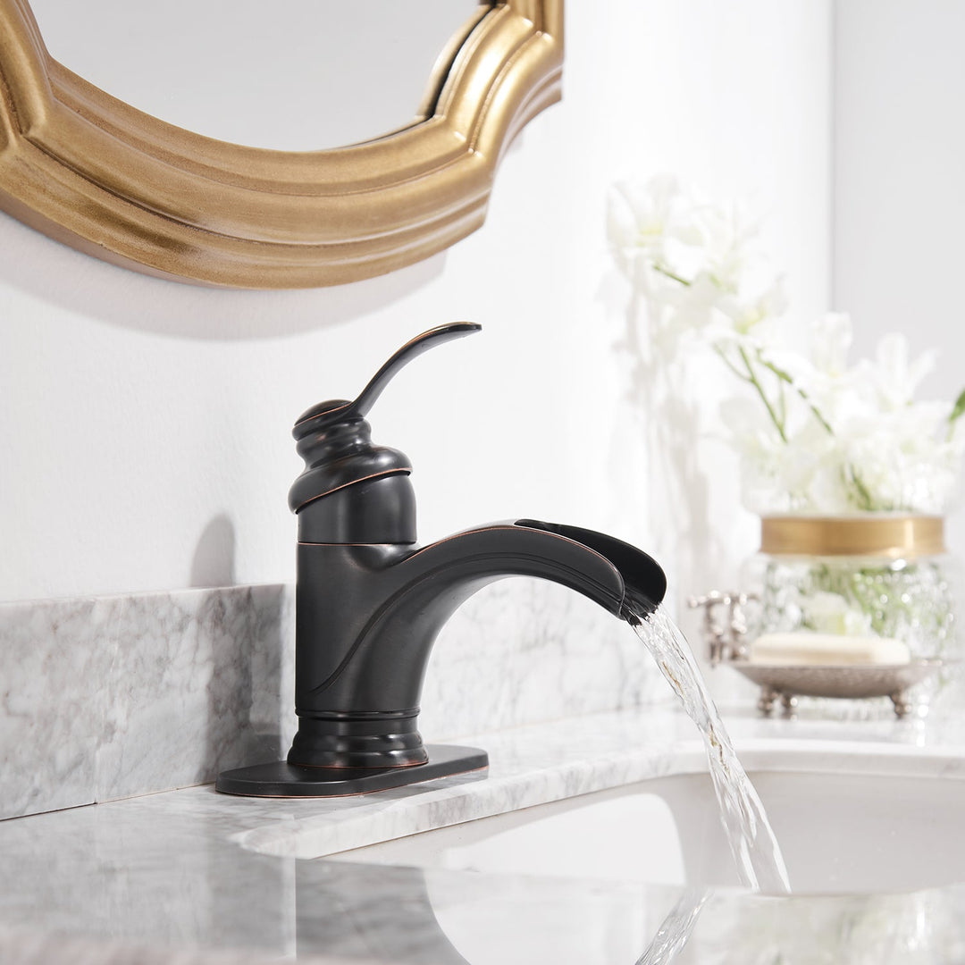 Waterfall Single Handle Single Hole Low Spout Bathroom Faucet with Drain Kit Included
