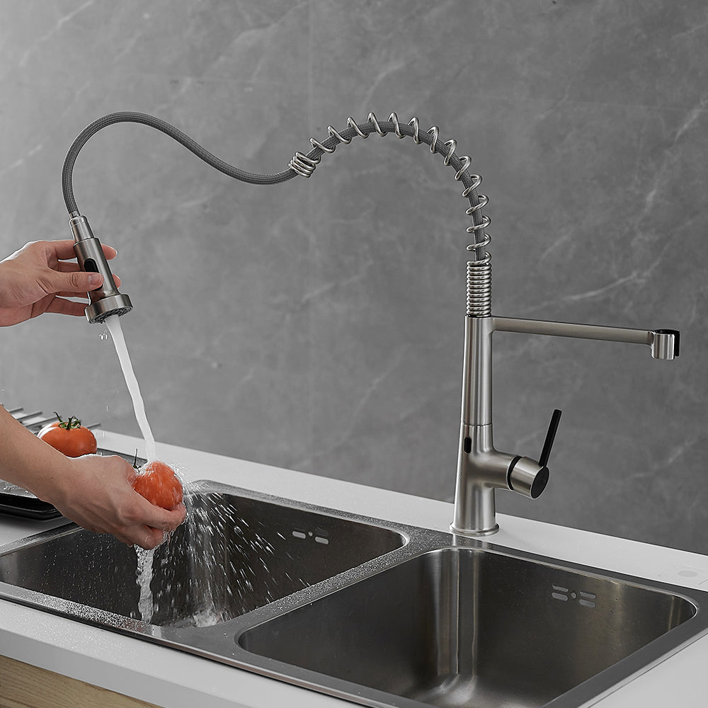 Single Handle Touchless Deck Mount Gooseneck Pull Down Sprayer Kitchen Faucet