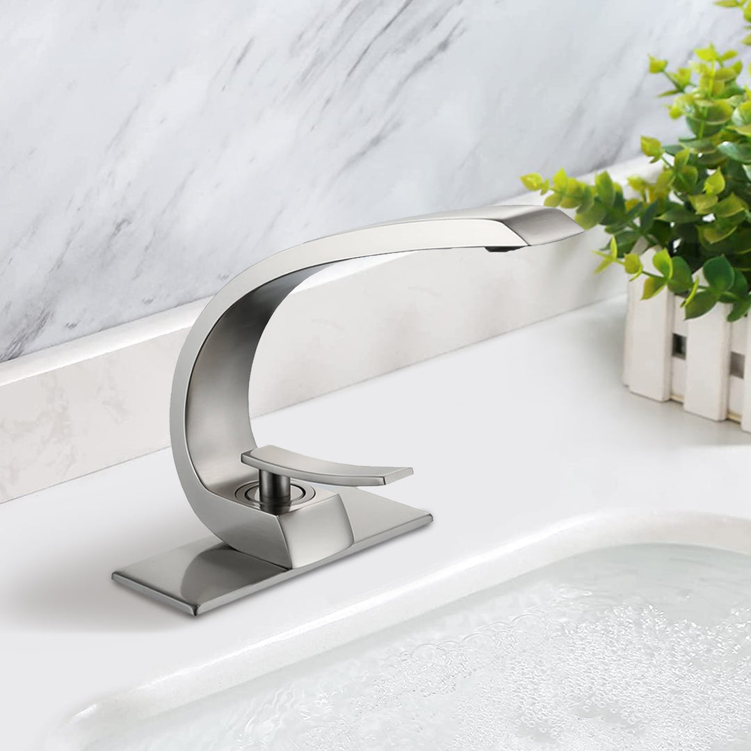 Attractive Single Handle Single Hole Bathroom Faucet with Deckplate Included and Spot Resistant in Brushed Nickel