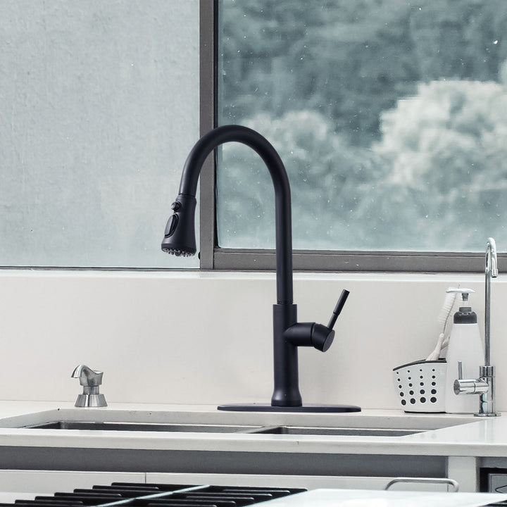Single Handle Pull Down Sprayer Kitchen Faucet with 360° Rotation in Matte Black