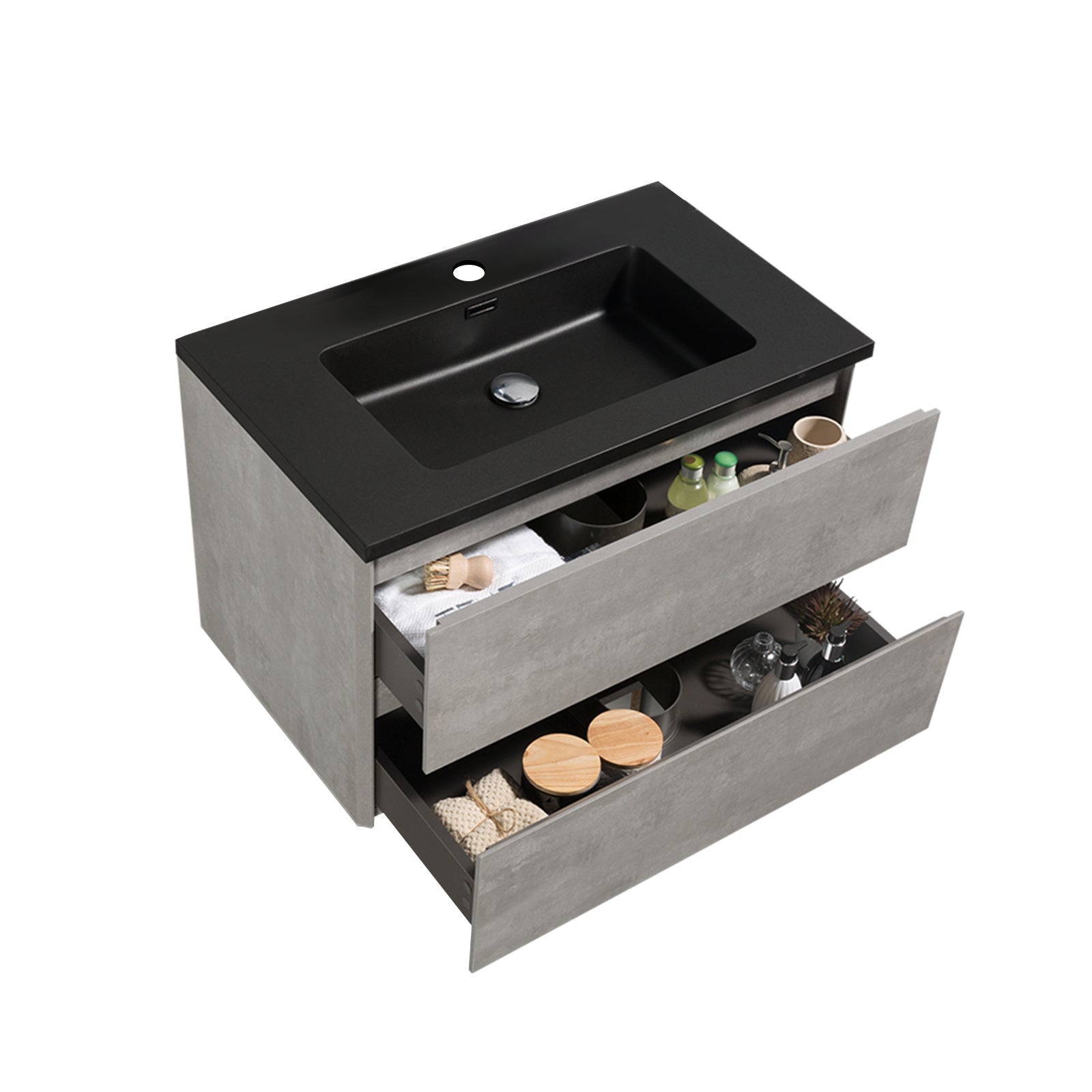 24" Bath Vanity in Cement Gray with Black Vanity Top with Black Basin