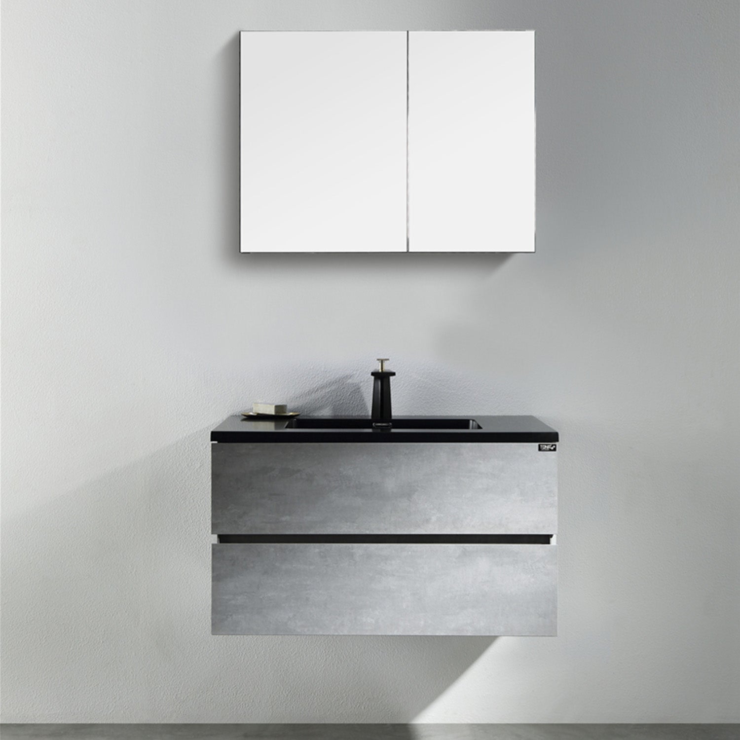 24" Bath Vanity in Cement Gray with Black Vanity Top with Black Basin