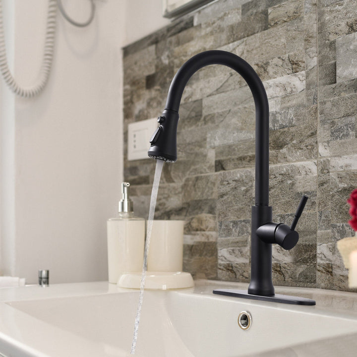 Single Handle Pull Down Sprayer Kitchen Faucet with 360° Rotation in Matte Black