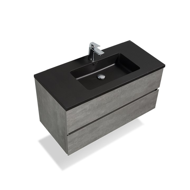 Bath Vanity in Cement Gray with Black Vanity Top with Black Basin