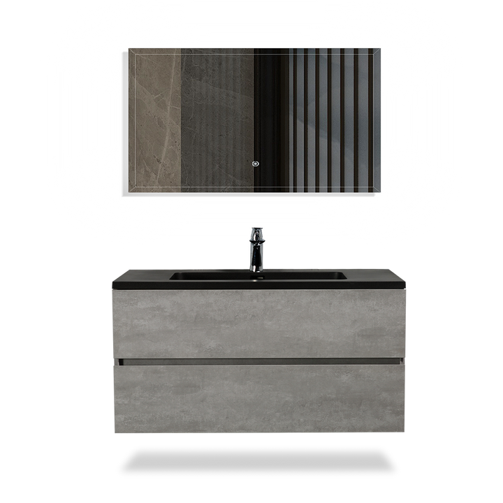 Bath Vanity in Cement Gray with Black Vanity Top with Black Basin