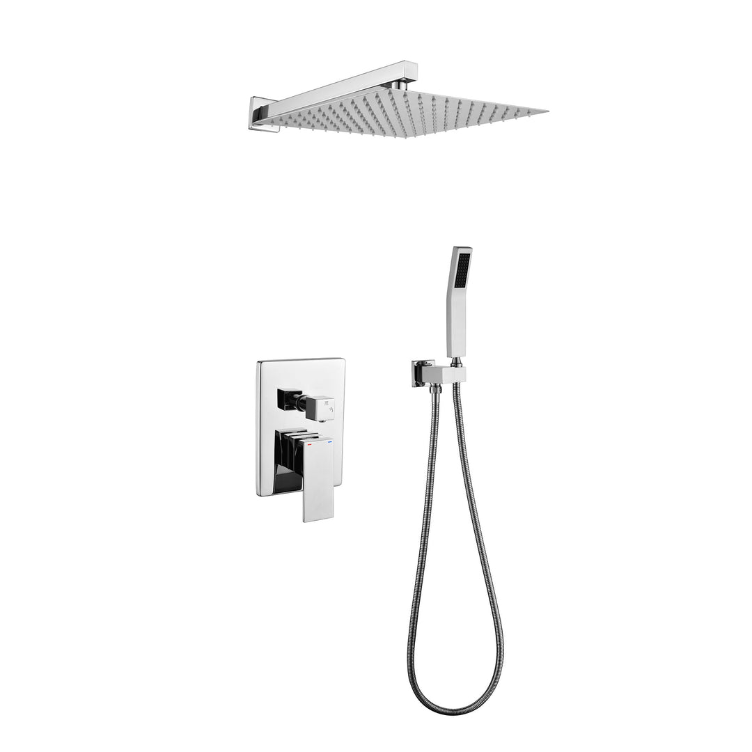 WELLFOR DT 12-in Rain Shower Head Wall Mount Matte Black Dual Head Waterfall Built-in Shower Faucet System with 2-Way Diverter Valve Included