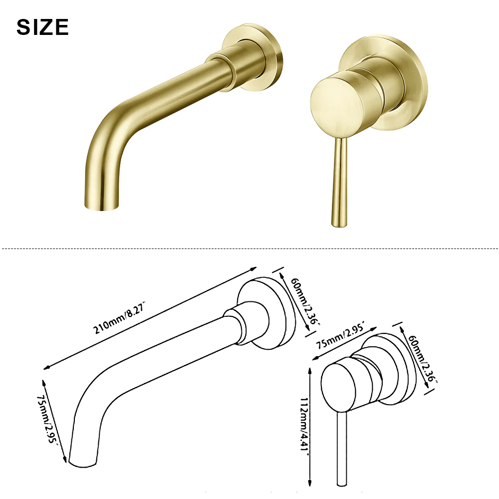 Wall Mount Single Handle Golden Bathroom Sink Faucet Brushed Gold