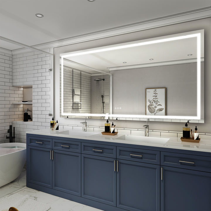 84 in. W x 42 in. H Rectangular Frameless Anti-Fog LED Light Bathroom Vanity Mirror in Aluminum