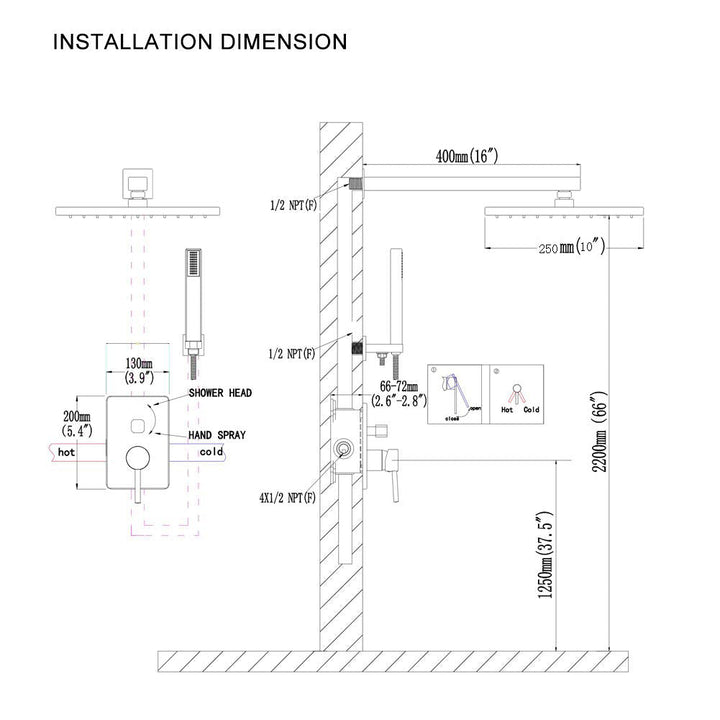 10-in Rain Shower Head Wall Mount Dual Head Waterfall Built-In Shower System