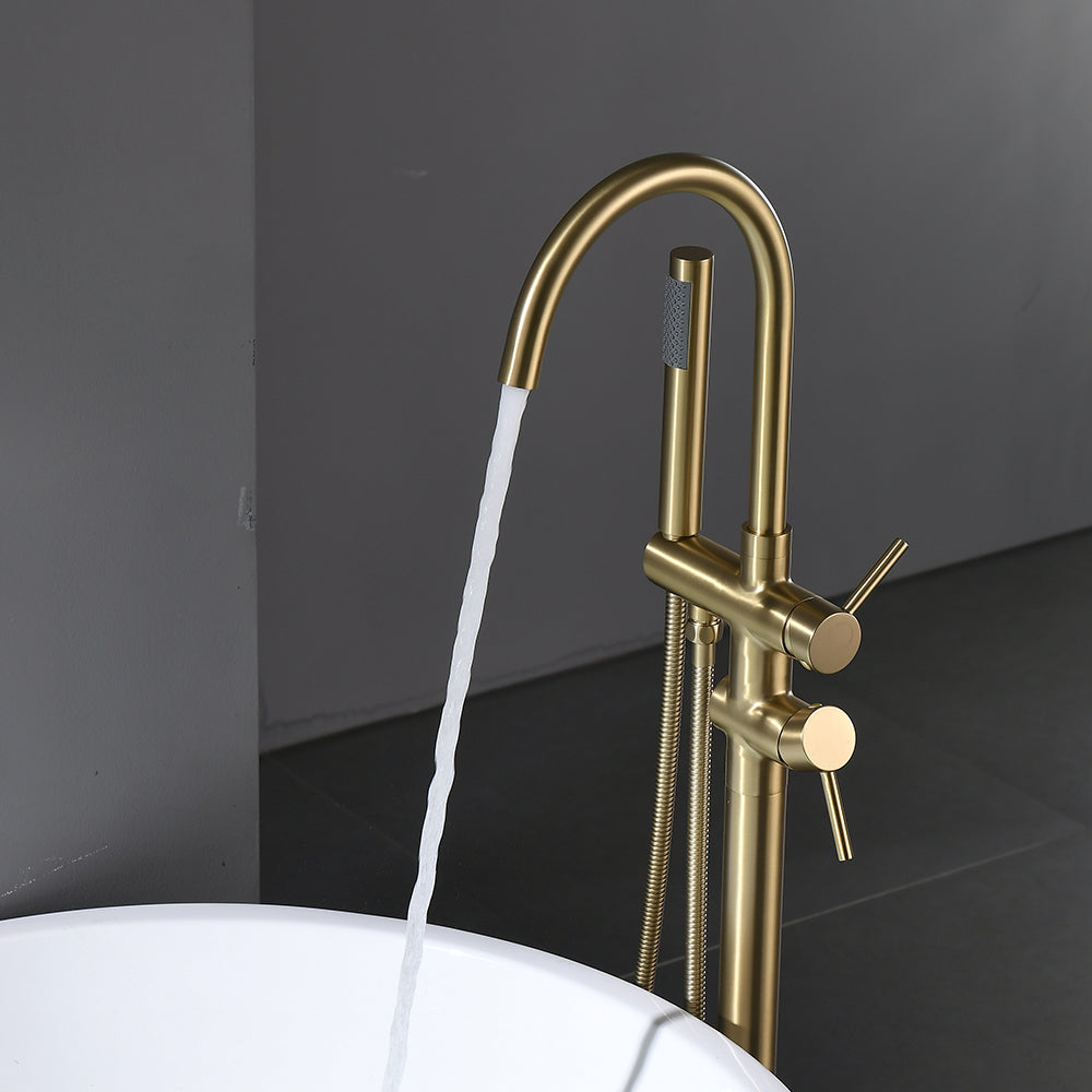 Brushed Gold 2-Handle Freestanding Tub Faucet with Hand Shower